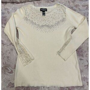 Oliver Ivory Lace & Beaded Ribbed Knit Long Sleeve Top XL